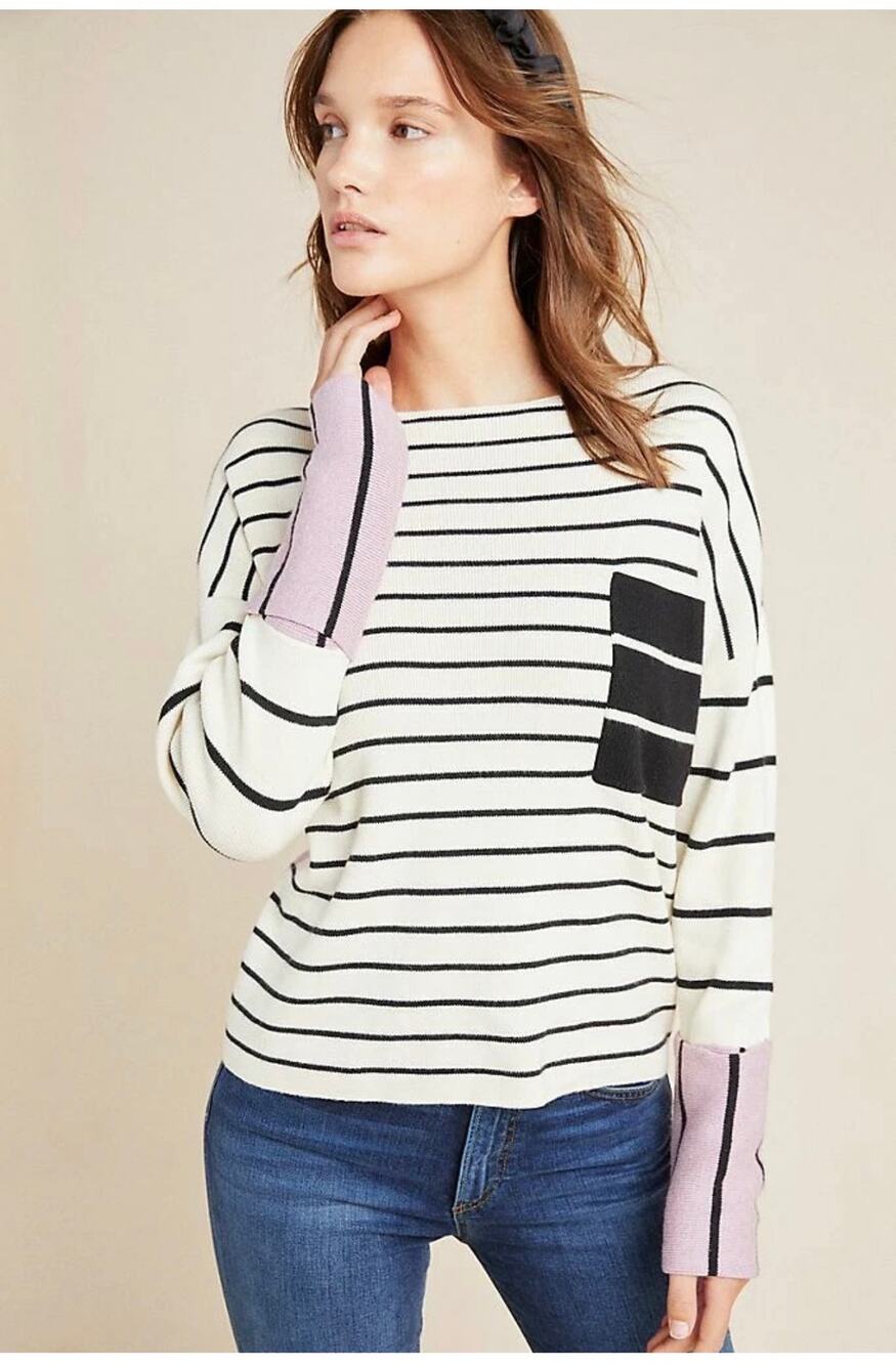 Anthropologie Faye Striped Sweater White Lavender Colorblocked Boatneck Sz M